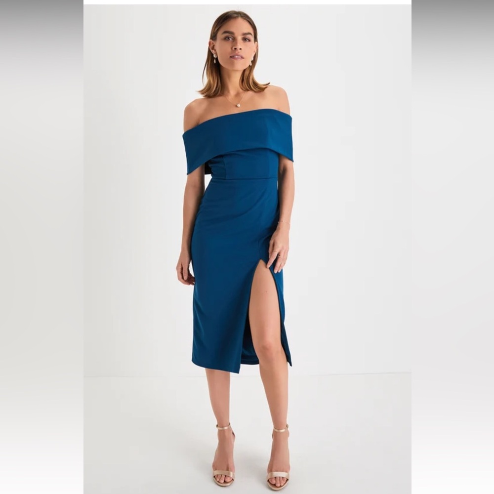 Lulus Luxe Attitude Dark Teal Blue Off-the -Shoulder Bodycon Midi Dress,…